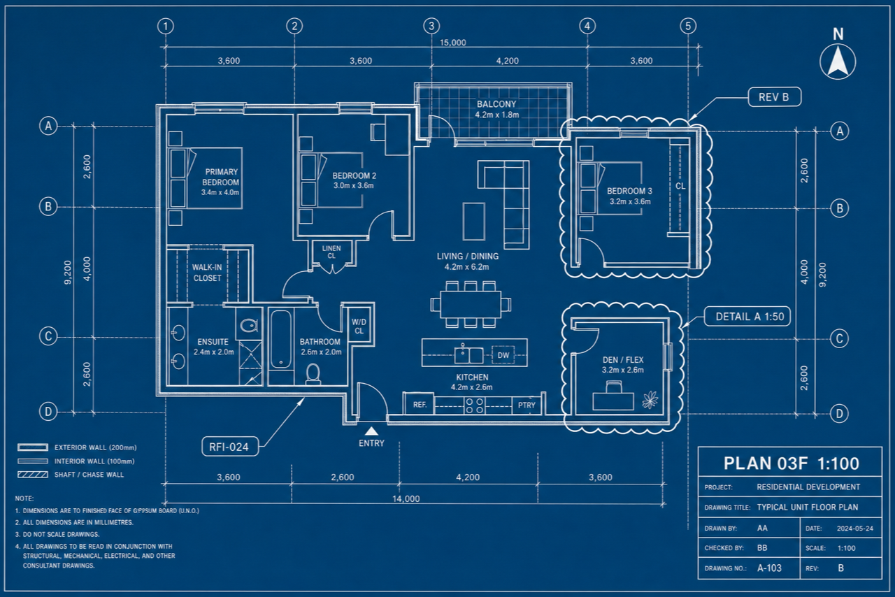 리비전 클라우드와 RFI 번호가 표시된 도면 버전 비교 개념도