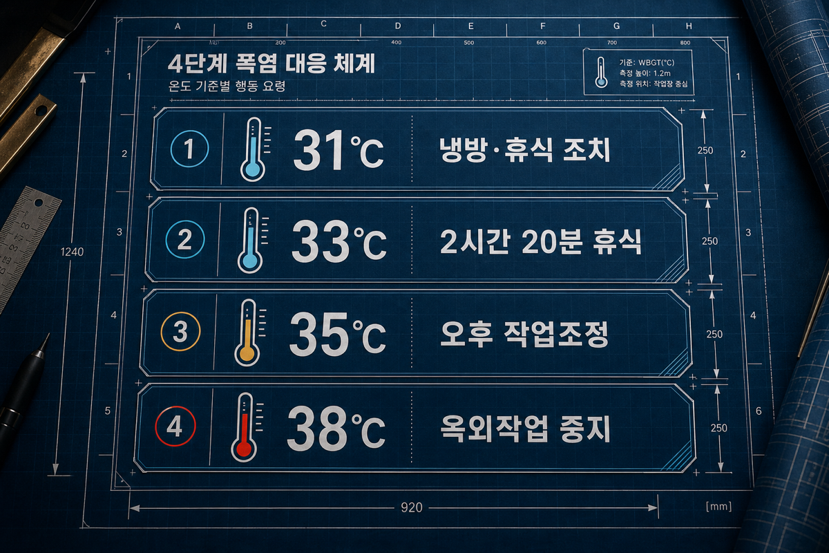 단계별 의무 조치를 한 장으로 정리한 폭염 대응 매트릭스