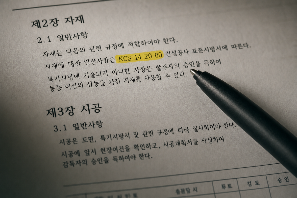 공사시방서 본문에서 인용된 KCS 번호를 찾아 표시하는 순간이 대조의 시작점이다.