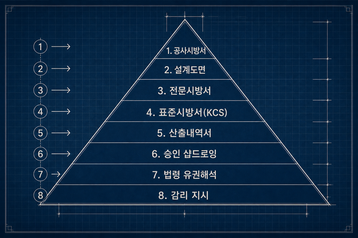 도면·시방서가 충돌할 때 적용되는 8단계 해석 우선순위.