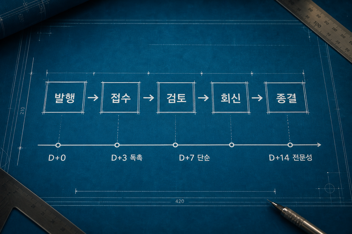 RFI 5단계와 7·14일 룰을 한 장으로 — 발행일에 회신요청일이 같이 박힌다