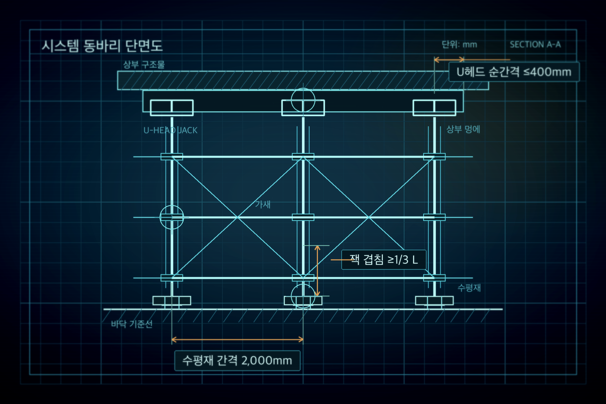 시스템동바리 단면 — 점검표의 모든 수치가 이 한 장에 들어간다