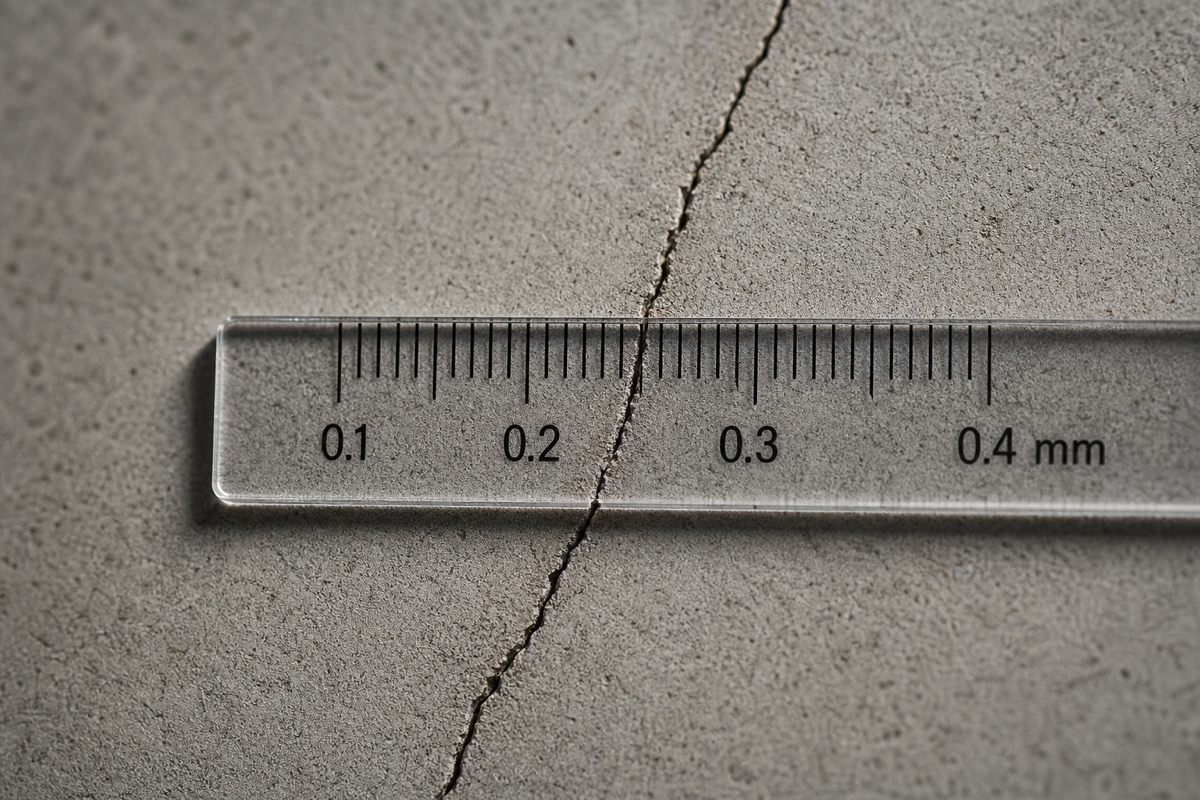 0.3mm 균열 게이지로 직접 잰 실측치와 사진 캘리브레이션 환산값을 대조해 오차를 보정한다.