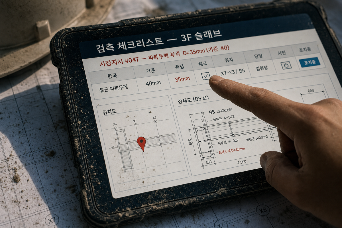 도면 좌표에 핀을 박으면 시정지시·사진·재검측이 한 줄로 묶인다